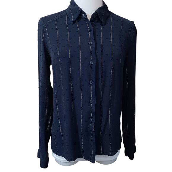 EXPRESS Classic Button Front Blouse Top Small Navy Blue Career Casual Basic - Picture 2 of 8